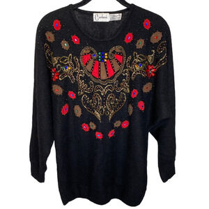 Carducci Black Multi Silk Angora Blend Rhinestone Sequin Sweater Sz L Vintage 80